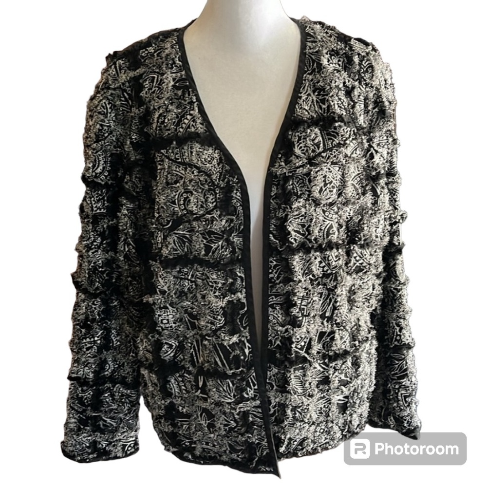 Chico's Vintage Black Silk Blend Ruffle Sequin Open Jacket Size 1 (M)